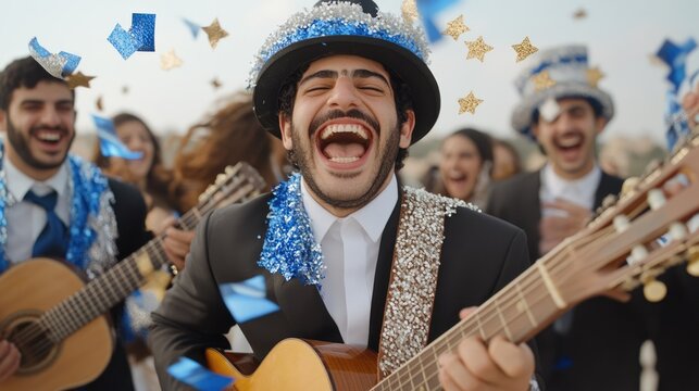 Celebration of freedom: Yom Haatzmaut, national pride, israel emblem, cultural heritage, joyful people, historic significance, annual festivity, unity spirit, national identity, symbolic flag.