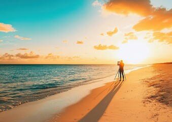 Obraz premium Golden sunset over the beach. AI.