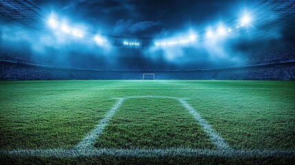 Obraz premium Illuminated Football Stadium Field Under Dramatic Sky at Night