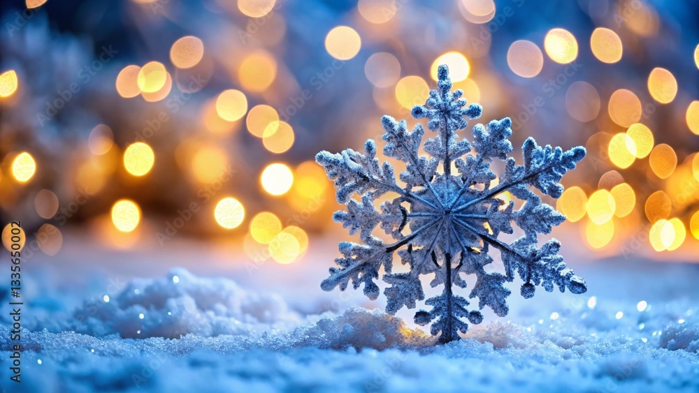 Poster winter sparkle: intricate snowflake close-up with bokeh lights