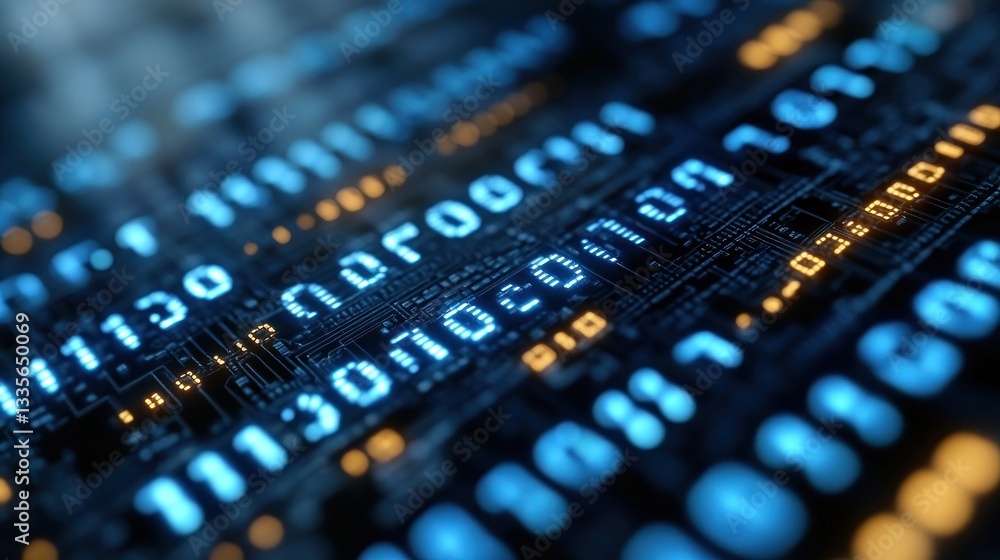 Poster abstract digital circuit board: binary code glowing in blue and orange