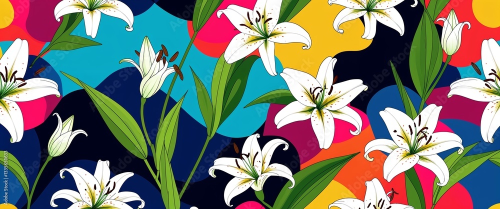 Aufkleber lily pattern on colorful plain background digital abstract art work illustration design