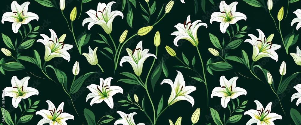 Poster lily pattern on green plain background digital abstract art work illustration design