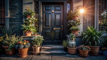 Fototapeta premium Front Door House Plants Potted Plants Exterior Home Decor Entrance Garden Landscaping Photography