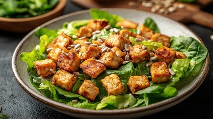 Fototapeta premium Fresh Salad with Crispy Tofu Cubes and Sunflower Seeds on a Rustic Table