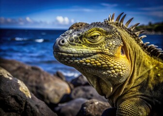 Galapagos Land Iguana Portrait: Ocean Background Wildlife Photography Stock Image