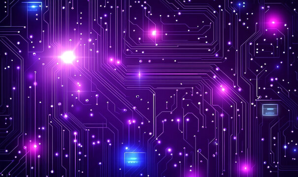 Abstract purple technology circuit board with glowing connections