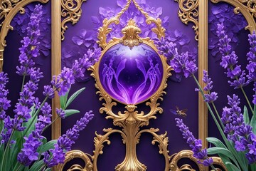 Fototapeta premium Luxurious Fantasy Art Background Featuring Lavender Blossom and Botanical Elements in Opulent Design