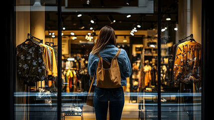 Woman window shopping clothing store night