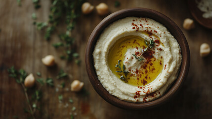 Creamy hummus in a small bowl with olive oil and paprika, surrounded scattered herbs on a rustic wooden surface