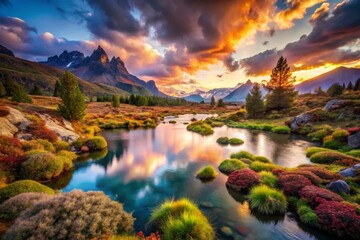 Naklejka premium Mountain Landscape Reflection at Sunset