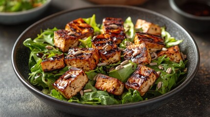 Fototapeta premium Grilled Tofu on a Bed of Fresh Greens with Sunflower Seeds in a Stylish Bowl