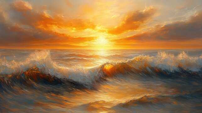 Vibrant Sunset Over Ocean Waves with Golden Reflections and Dramatic Sky Colors During Peaceful Evening
