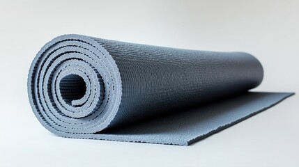 Rolled Yoga Mat in Calm Gray Color on Light Background for Fitness and Wellness Activities
