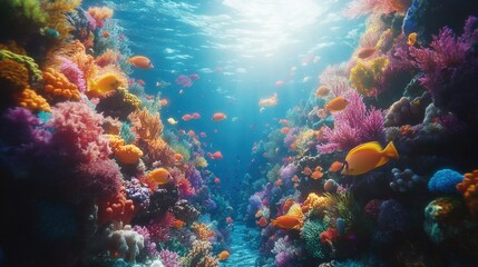 Naklejka premium Vibrant Underwater Scene with Colorful Coral Reefs and Lively Tropical Fish Swimming in Clear Blue Water