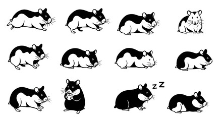 Fototapeta premium Hamster silhouette modern set, black and white. Ideal for pet lovers and animal-themed enthusiasts. Illustrations depict hamsters in various poses: running, standing, sitting, sleeping, eating, and