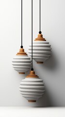 Three Textured White Pendant Lamps with Wood Accents Against White Wall