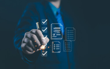 Business Performance Checklist Businessman Using Laptop Doing Online Checklist Survey On Computer Filling Out Digital Form Checklist Survey Doing Assessment Questionnaire Evaluation	
