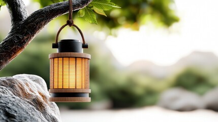 Warm Yellow Light Lantern Hanging from Tree Branch in Serene Garden