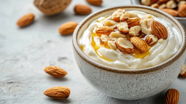 Creamy yogurt topped with nuts and honey in a rustic bowl on a textured surface and almonds scattered around - Powered by Adobe