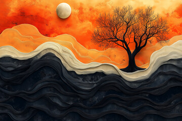 curved lines and earthy tones to represent natural elements trees, mountains, or waves  in an entirely abstract form