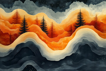 curved lines and earthy tones to represent natural elements trees, mountains, or waves  in an entirely abstract form
