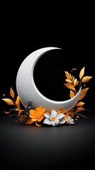 White Crescent Moon with Gold and Orange Flowers