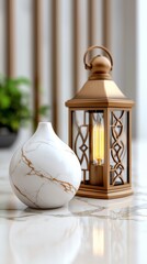 White Marble Vase and Gold Lantern on Table