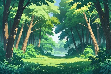 Fototapeta premium Serene Anime-Style Wooded Area Banner Illustration in Tranquil Nature