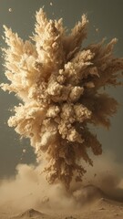Naklejka premium Brown dust cloud erupting from impact, debris flying, airborne,soil,chaos