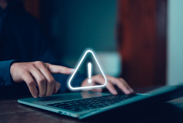 System hacked warning alert on laptop. error 404 alerts on a laptop, caution of spam in website digital Cyber attack on computer network, Virus, Spyware, Malware or Malicious software. Cyber security	