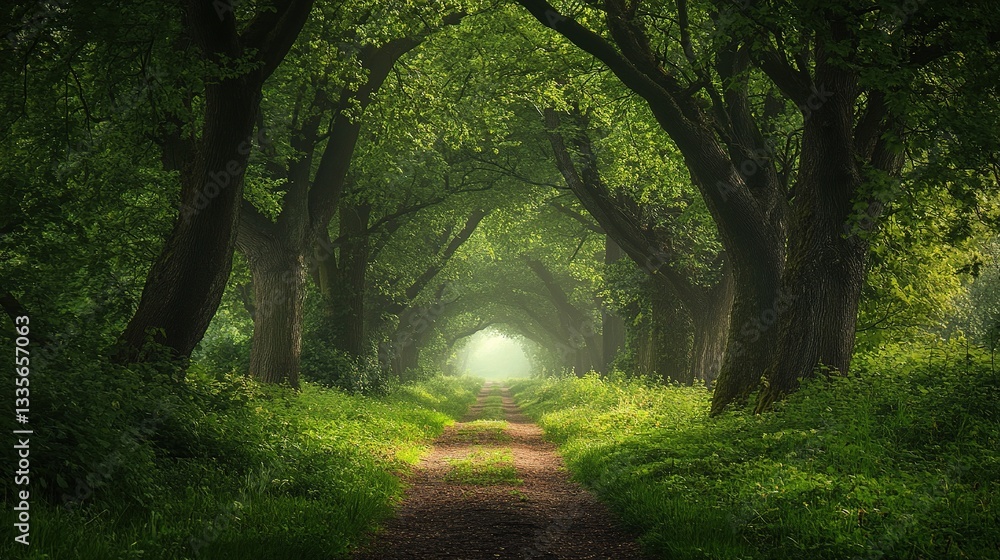 Poster serene dense forest path with towering trees and lush greenery