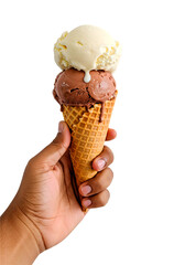 Hand holding a two  scoop ice cream cone with chocolate and vanilla flavors