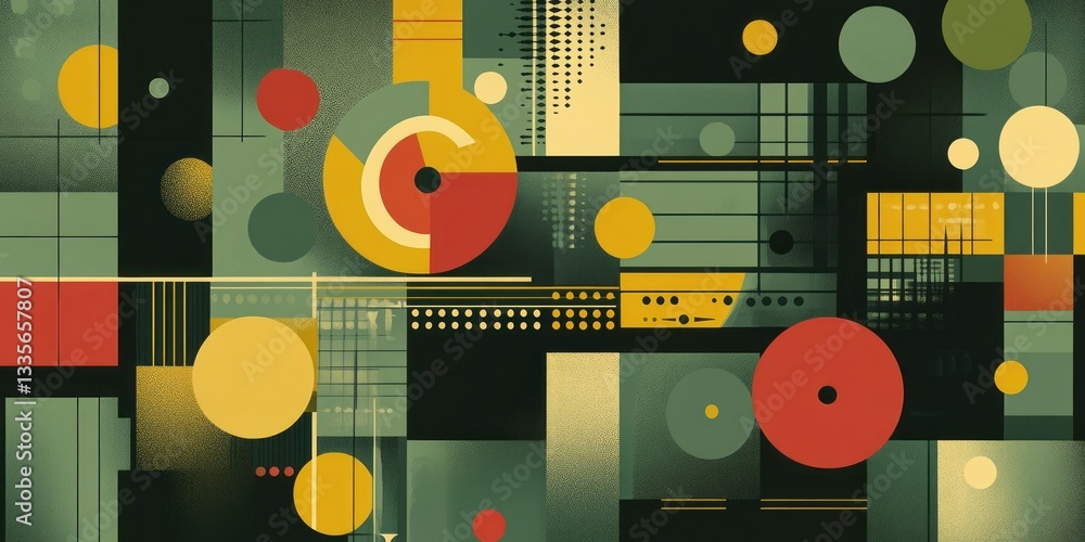 Poster abstract geometric composition with circles squares lines and retro colors
