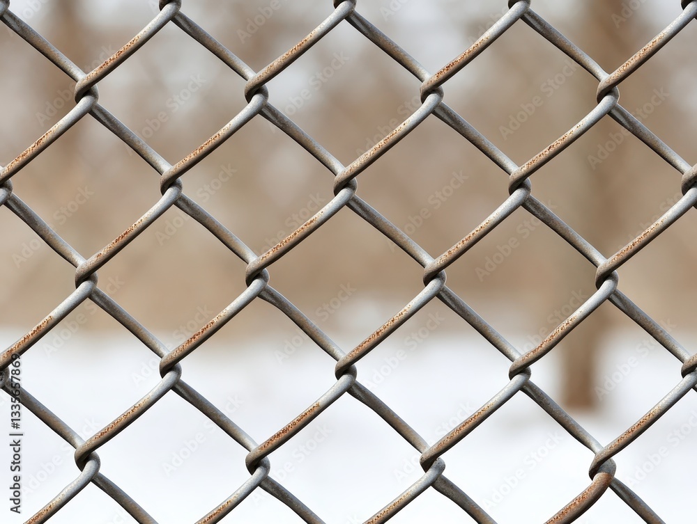 Poster close-up view of a rusty chain-link fence with a blurred winter landscape