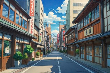 Naklejka premium Anime Style City Street in Japan - Urban Architecture and Old Town Buildings