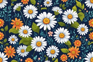 Vibrant Spring Floral Illustration of Blooming Daisies and Leaves with Seamless Texture Background