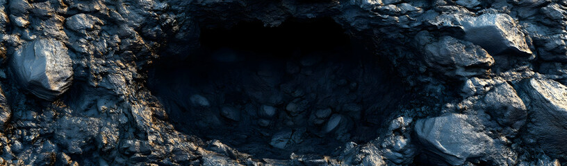 Dark cave mouth, rocky terrain, mysterious background