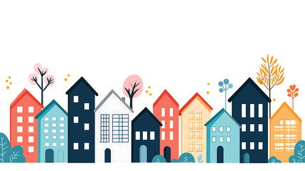 Colorful houses in flat art style with trees and plants