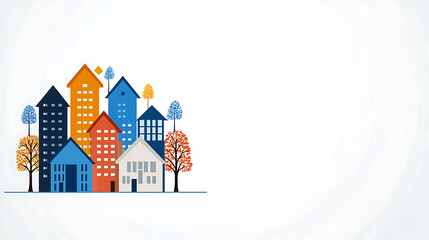 Colorful houses in flat art style with space for text and trees