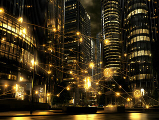 Night city network connection, glowing nodes