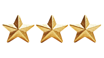 Golden stars for product rating reviews for websites and mobile applications, cut out. Isolated on a transparent background.