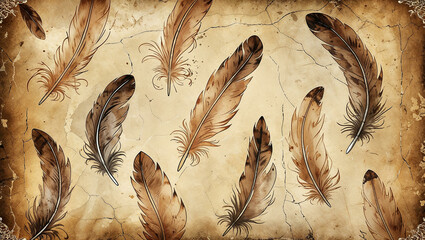 Fototapeta premium A nostalgic background with an aged parchment texture, adorned with delicate ink-drawn feather illustrations. 