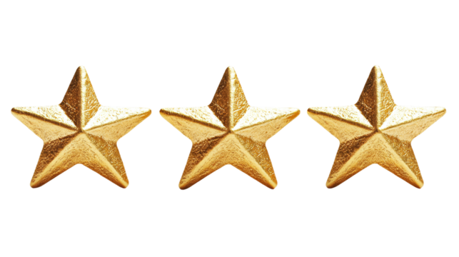 Golden stars for product rating reviews for websites and mobile applications, cut out. Isolated on a transparent background.