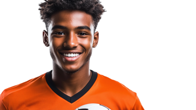Happy young african american football (soccer) player, cut out. Isolated on a transparent background.
