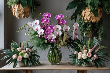 Creative Floral Display with Orchids Foliage and Artistic Bouquets for Unique Covers