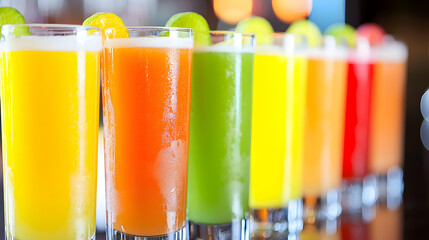 Colorful fruit juice drinks line, bar background, refreshing summer menu