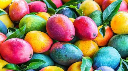 Colorful mangoes at market, vibrant tropical fruit