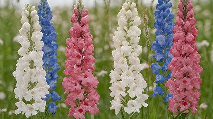 Colorful Snapdragon flowers in field, summer bloom, nature background
