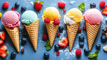 Colorful ice cream cones with berries, summer dessert